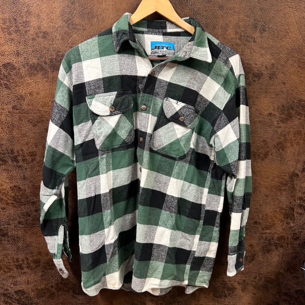 BTC Green Black Buffalo Flannel Plaid Button Up Mens‎ XL Tall.
